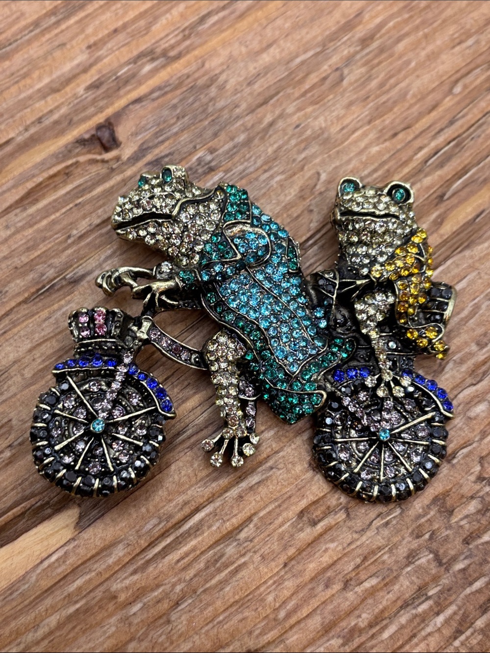 Frogs Riding a Bicycle Whimsical vintage Brooch